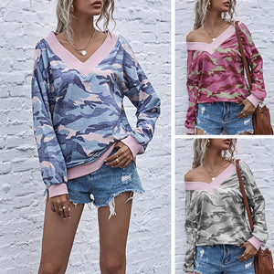 Camouflage T Shirt Tees 2021 Autumn Long Sleeve Women Tie Loose T-shirt New Design Tops Tees Casual Female T-shirts Off Shoulder