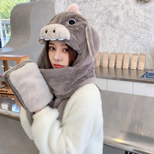 Load image into Gallery viewer, Cartoon Animal Gloves Scarf Integrated Hat Ladies Autumn and Winter Plush Ear Protection Cold Bib Set Outdoor Cycling Warm Hat