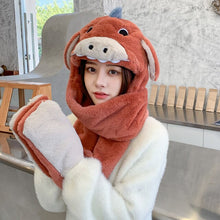 Load image into Gallery viewer, Cartoon Animal Gloves Scarf Integrated Hat Ladies Autumn and Winter Plush Ear Protection Cold Bib Set Outdoor Cycling Warm Hat