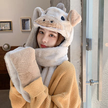 Load image into Gallery viewer, Cartoon Animal Gloves Scarf Integrated Hat Ladies Autumn and Winter Plush Ear Protection Cold Bib Set Outdoor Cycling Warm Hat