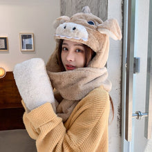 Load image into Gallery viewer, Cartoon Animal Gloves Scarf Integrated Hat Ladies Autumn and Winter Plush Ear Protection Cold Bib Set Outdoor Cycling Warm Hat