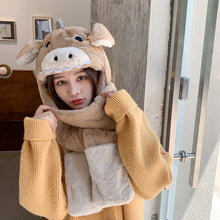 Load image into Gallery viewer, Cartoon Animal Gloves Scarf Integrated Hat Ladies Autumn and Winter Plush Ear Protection Cold Bib Set Outdoor Cycling Warm Hat