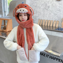 Load image into Gallery viewer, Cartoon Animal Gloves Scarf Integrated Hat Ladies Autumn and Winter Plush Ear Protection Cold Bib Set Outdoor Cycling Warm Hat