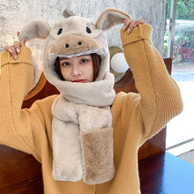 Load image into Gallery viewer, Cartoon Animal Gloves Scarf Integrated Hat Ladies Autumn and Winter Plush Ear Protection Cold Bib Set Outdoor Cycling Warm Hat