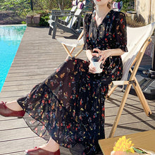 Load image into Gallery viewer, Casual A-Line Robes For Women 2021 Summer New Arrival Fashion V-Neck Short Sleeve Dress Ladies Black Print Slim Holiday Vestidos