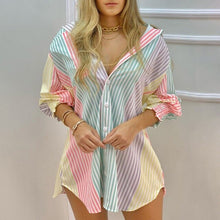 Load image into Gallery viewer, Casual Butterfly Print Irregular Long Blouse Top 2021 Summer Long-Sleeved V-Neck Button Striped Shirt Streetwear Femme Blusas