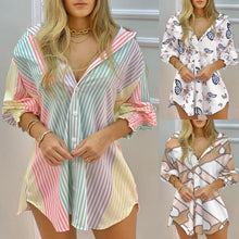Load image into Gallery viewer, Casual Butterfly Print Irregular Long Blouse Top 2021 Summer Long-Sleeved V-Neck Button Striped Shirt Streetwear Femme Blusas