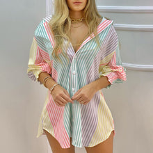 Load image into Gallery viewer, Casual Butterfly Print Irregular Long Blouse Top 2021 Summer Long-Sleeved V-Neck Button Striped Shirt Streetwear Femme Blusas
