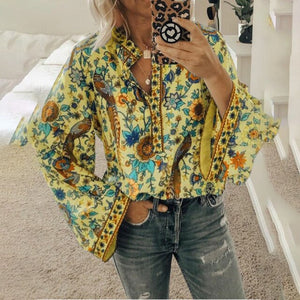 Casual Deep V-neck Print Shirt Blouses Spring Summer Fashion Long Sleeve Loose Shirts For Women 2021 Blue Plus Size Tops Femme