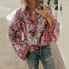 Load image into Gallery viewer, Casual Deep V-neck Print Shirt Blouses Spring Summer Fashion Long Sleeve Loose Shirts For Women 2021 Blue Plus Size Tops Femme