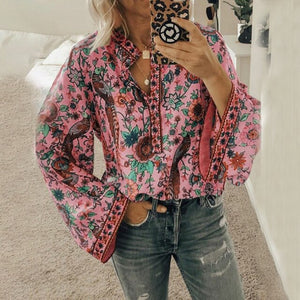 Casual Deep V-neck Print Shirt Blouses Spring Summer Fashion Long Sleeve Loose Shirts For Women 2021 Blue Plus Size Tops Femme