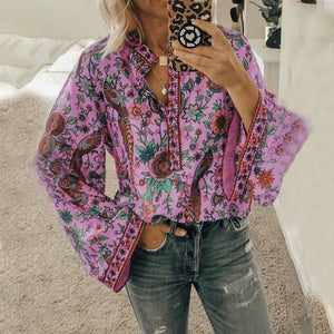 Casual Deep V-neck Print Shirt Blouses Spring Summer Fashion Long Sleeve Loose Shirts For Women 2021 Blue Plus Size Tops Femme