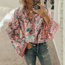 Load image into Gallery viewer, Casual Deep V-neck Print Shirt Blouses Spring Summer Fashion Long Sleeve Loose Shirts For Women 2021 Blue Plus Size Tops Femme