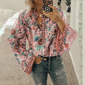 Casual Deep V-neck Print Shirt Blouses Spring Summer Fashion Long Sleeve Loose Shirts For Women 2021 Blue Plus Size Tops Femme