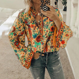 Casual Deep V-neck Print Shirt Blouses Spring Summer Fashion Long Sleeve Loose Shirts For Women 2021 Blue Plus Size Tops Femme