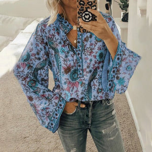 Casual Deep V-neck Print Shirt Blouses Spring Summer Fashion Long Sleeve Loose Shirts For Women 2021 Blue Plus Size Tops Femme