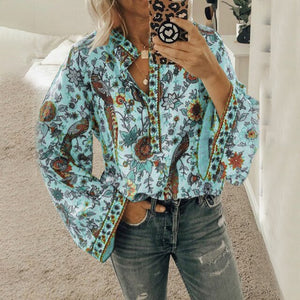 Casual Deep V-neck Print Shirt Blouses Spring Summer Fashion Long Sleeve Loose Shirts For Women 2021 Blue Plus Size Tops Femme