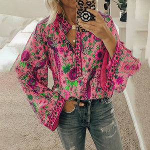 Casual Deep V-neck Print Shirt Blouses Spring Summer Fashion Long Sleeve Loose Shirts For Women 2021 Blue Plus Size Tops Femme