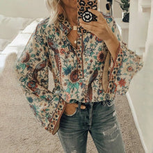 Load image into Gallery viewer, Casual Deep V-neck Print Shirt Blouses Spring Summer Fashion Long Sleeve Loose Shirts For Women 2021 Blue Plus Size Tops Femme