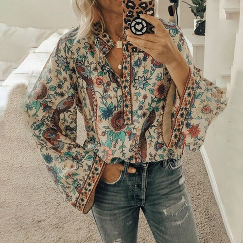 Casual Deep V-neck Print Shirt Blouses Spring Summer Fashion Long Sleeve Loose Shirts For Women 2021 Blue Plus Size Tops Femme