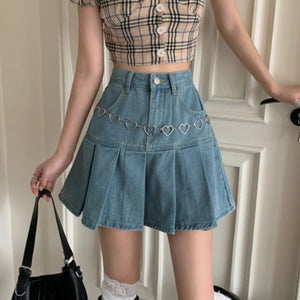 Casual Denim Mini Skirt Women Summer 2021 High-Waiste Harajuku Y2k Pleated Skirt Blue Japanese Korean Style Fashion Clothing New