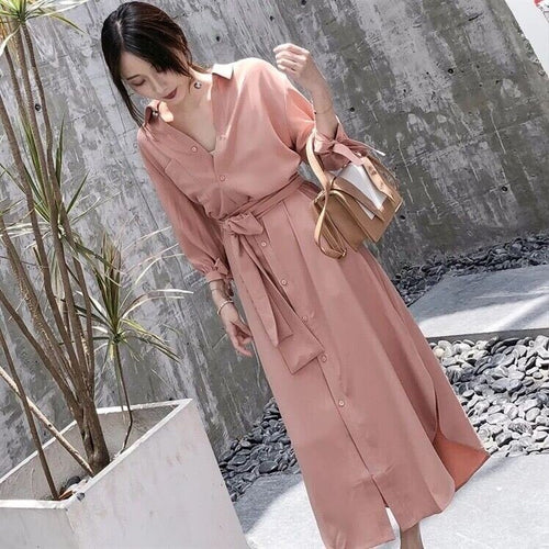 Casual Dress Women 2020 Spring Summer New Fashion Long Sleeve single-breasted  Shirt Dresses Ladies Long Dress With Belt