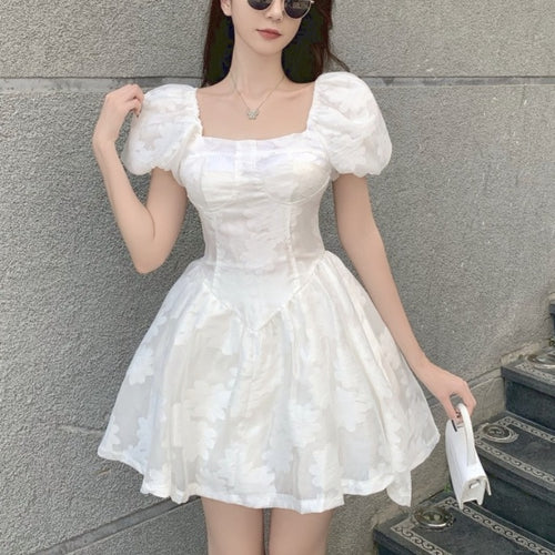 Casual Elegant One-piece Dress Women Puff Sleeve Korean Ladies Party Mini Dresses High Street Vintage Sweet Clothing Summer 2021