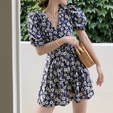 Load image into Gallery viewer, Casual Fashion Print V-Neck Jumpsuits Women Summer Backless Bandage Waist Slimming Playsuits Short Puff Sleeve Combinaison Femme