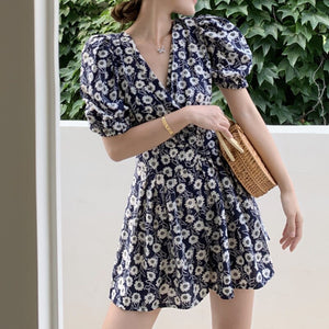 Casual Fashion Print V-Neck Jumpsuits Women Summer Backless Bandage Waist Slimming Playsuits Short Puff Sleeve Combinaison Femme