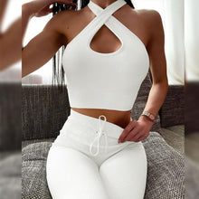 Load image into Gallery viewer, Casual Knitted Rib Sportswear Drawstring 2 Piece Outfits Sexy Cross Tank Crop Top + Leggings Slim Fitness Two Piece Set Clothing