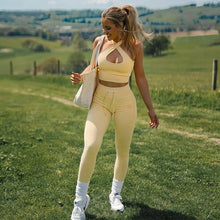 Load image into Gallery viewer, Casual Knitted Rib Sportswear Drawstring 2 Piece Outfits Sexy Cross Tank Crop Top + Leggings Slim Fitness Two Piece Set Clothing