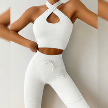 Load image into Gallery viewer, Casual Knitted Rib Sportswear Drawstring 2 Piece Outfits Sexy Cross Tank Crop Top + Leggings Slim Fitness Two Piece Set Clothing