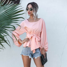 Load image into Gallery viewer, Casual Lantern Sleeve O-Neck Blouse Solid Loose Bow Sashes Chiffon Shirt Women 2020 Autumn Elegant Fashion Office Ladies  Shirt