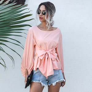 Casual Lantern Sleeve O-Neck Blouse Solid Loose Bow Sashes Chiffon Shirt Women 2020 Autumn Elegant Fashion Office Ladies  Shirt