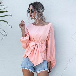 Casual Lantern Sleeve O-Neck Blouse Solid Loose Bow Sashes Chiffon Shirt Women 2020 Autumn Elegant Fashion Office Ladies  Shirt