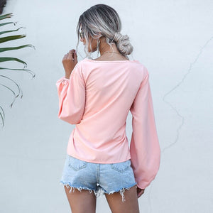 Casual Lantern Sleeve O-Neck Blouse Solid Loose Bow Sashes Chiffon Shirt Women 2020 Autumn Elegant Fashion Office Ladies  Shirt