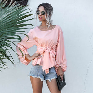 Casual Lantern Sleeve O-Neck Blouse Solid Loose Bow Sashes Chiffon Shirt Women 2020 Autumn Elegant Fashion Office Ladies  Shirt