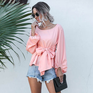 Casual Lantern Sleeve O-Neck Blouse Solid Loose Bow Sashes Chiffon Shirt Women 2020 Autumn Elegant Fashion Office Ladies  Shirt