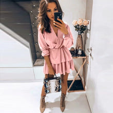 Load image into Gallery viewer, Casual Lantern Sleeve Ruffle Mini Dress Women Sexy V-Neck Elastic Waist Solid Dresses 2021 New Fashion Sweet A Line Party Dress