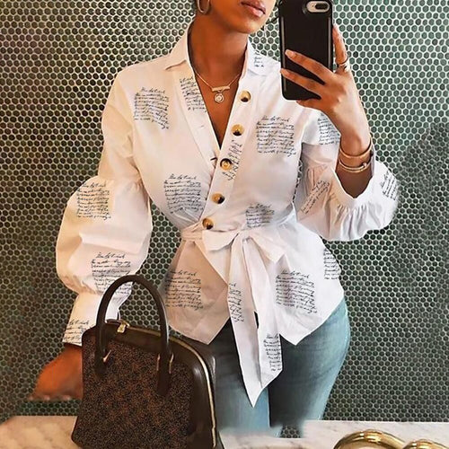 Casual Letter Print Long Sleeve Shirt Blouse Woman Spring Fall Fashion V-neck Tops Women 2021 White Elegant Lace Up Slim Shirts
