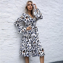 Load image into Gallery viewer, Casual Long Sleeve Leopard Print Midi Dress Women Spring Fall Fashion V-neck Belt Vestidos White Lace Up Dresses For Women 2021