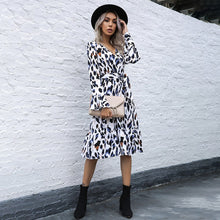 Load image into Gallery viewer, Casual Long Sleeve Leopard Print Midi Dress Women Spring Fall Fashion V-neck Belt Vestidos White Lace Up Dresses For Women 2021
