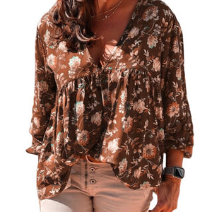 Casual Long Sleeve Print Shirt Blouses Spring Autumn Fashion Deep V-neck Loose Shirts Top Femme 5xl Plus Size Women Clothing