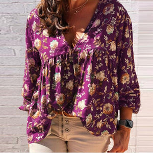 Casual Long Sleeve Print Shirt Blouses Spring Autumn Fashion Deep V-neck Loose Shirts Top Femme 5xl Plus Size Women Clothing