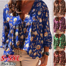 Load image into Gallery viewer, Casual Long Sleeve Print Shirt Blouses Spring Autumn Fashion Deep V-neck Loose Shirts Top Femme 5xl Plus Size Women Clothing