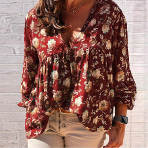 Casual Long Sleeve Print Shirt Blouses Spring Autumn Fashion Deep V-neck Loose Shirts Top Femme 5xl Plus Size Women Clothing