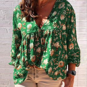 Casual Long Sleeve Print Shirt Blouses Spring Autumn Fashion Deep V-neck Loose Shirts Top Femme 5xl Plus Size Women Clothing