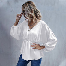 Load image into Gallery viewer, Casual Long Sleeve Shirt Blouse Woman Spring Fall Fashion V-neck Solid Shirts Top Femme White Elastic Waist Loose Women Clothing