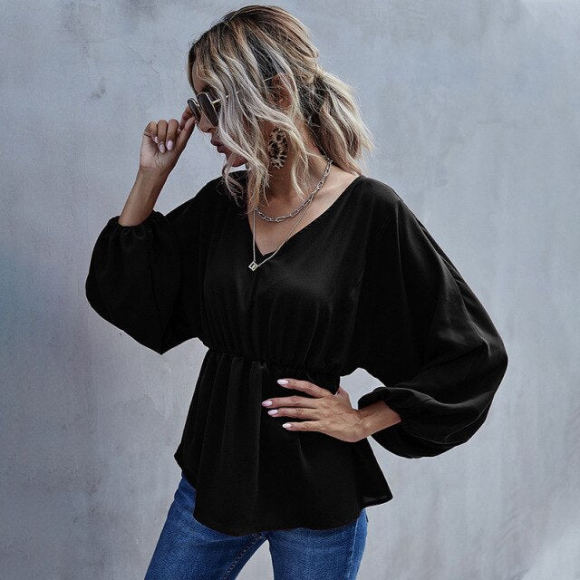 Casual Long Sleeve Shirt Blouse Woman Spring Fall Fashion V-neck Solid Shirts Top Femme White Elastic Waist Loose Women Clothing