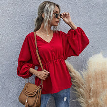 Load image into Gallery viewer, Casual Long Sleeve Shirt Blouse Woman Spring Fall Fashion V-neck Solid Shirts Top Femme White Elastic Waist Loose Women Clothing